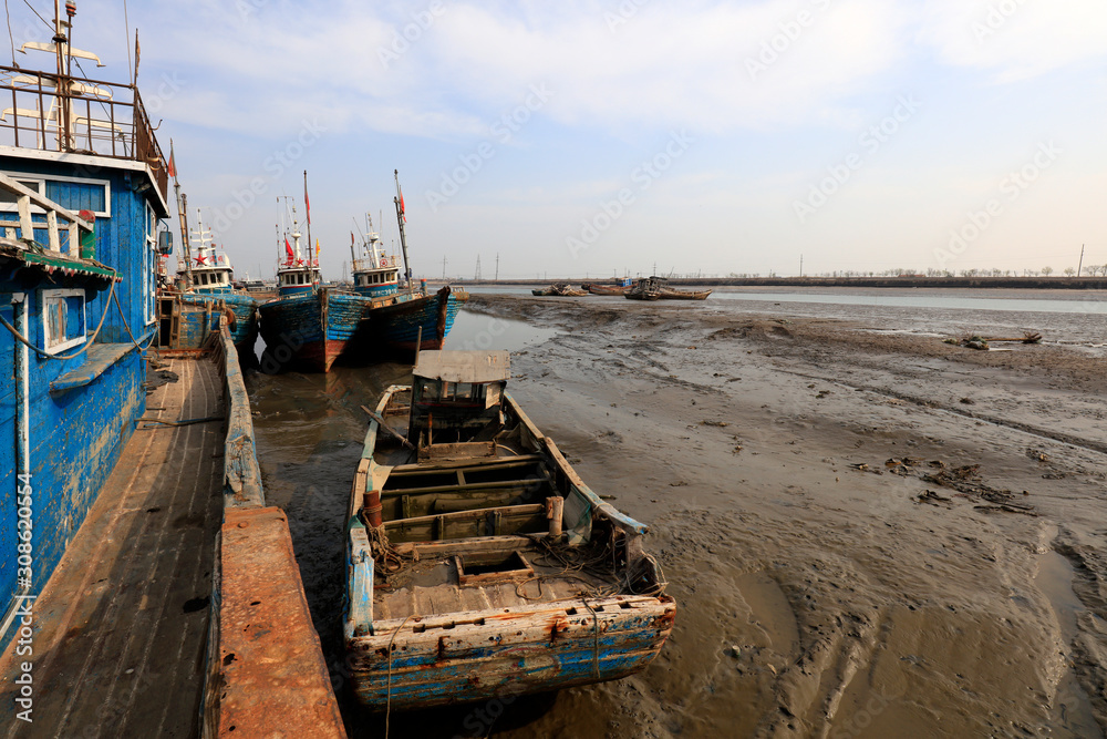 wooden fishing vessel in fishing port wharf, China wooden fishing vessel in fishing port wharf, China
