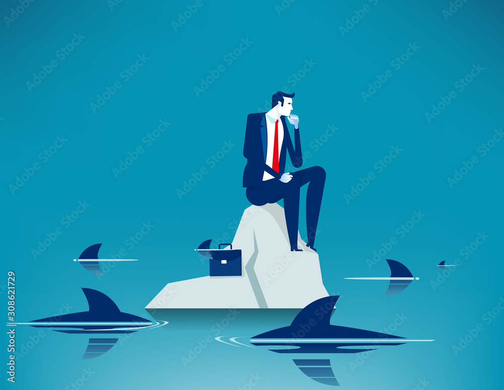Obraz premium Man on sea surrounded by sharks. Concept business anxiety vector illustration, Trapped
