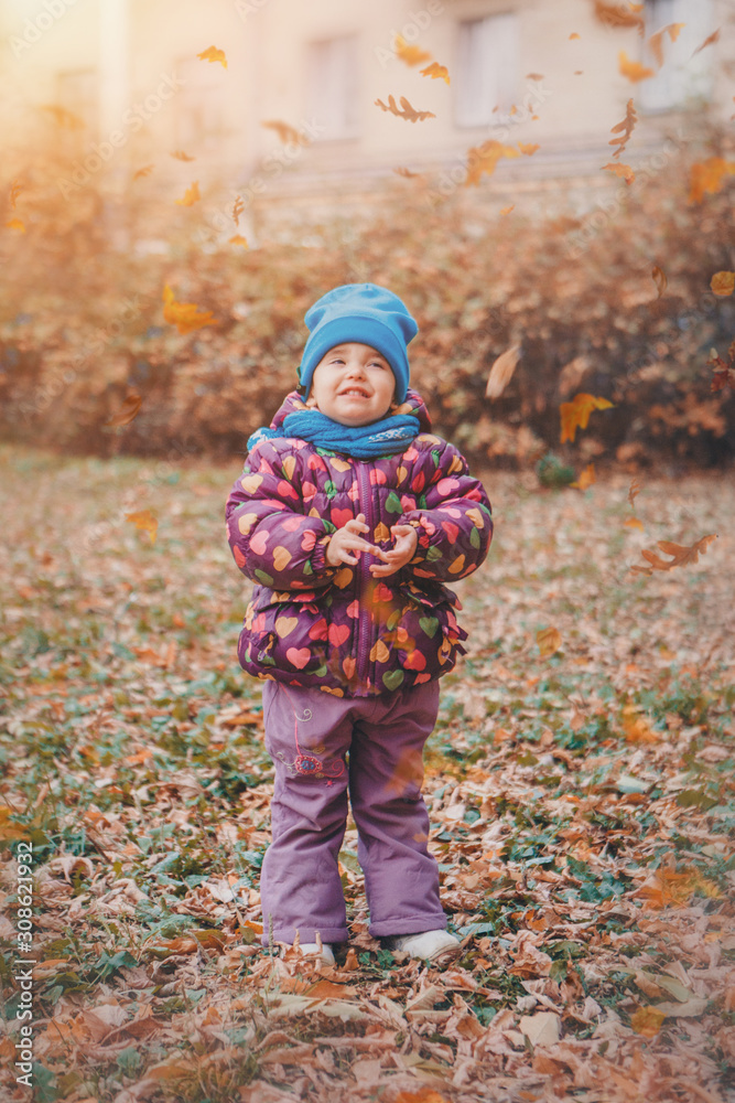 a small child in a warm suit walks in the woods. autumn park. The concept of children's fashion, accessories, outdoor walks a small child in a warm suit walks in the woods. autumn park. The concept of children's fashion, accessories, outdoor walks