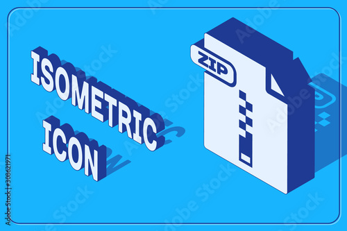 Isometric ZIP file document. Download zip button icon isolated on blue background. ZIP file symbol. Vector Illustration