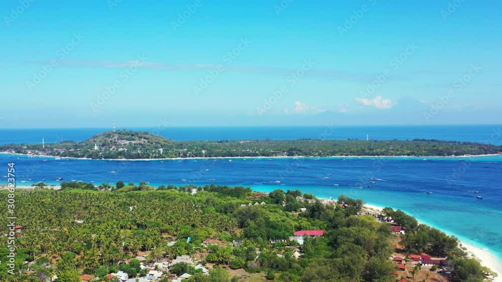 flying over white sand beach tropical sea green forest turquoise water coral reef. aerial panorama flying over white sand beach tropical sea green forest turquoise water coral reef. aerial panorama