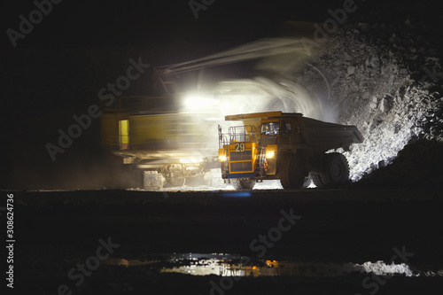 Blurry image of the excavator in motion on a long exposure loading stone ore into the body of a mining dump truck, on a dark background with artificial illumination at night.