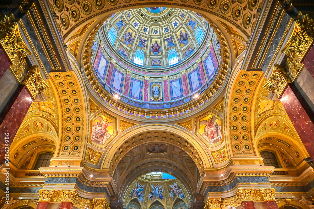 Budapest, Hungary - May 22, 2019 - The interior of St. Stephen's Basilica located on the Pest side of Budapest, Hungary.