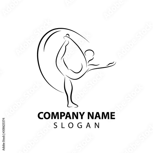 Dance logo. Dance studio logo design. Fitness class banner background with symbol of abstract stylized gymnast girl in dancing pose.