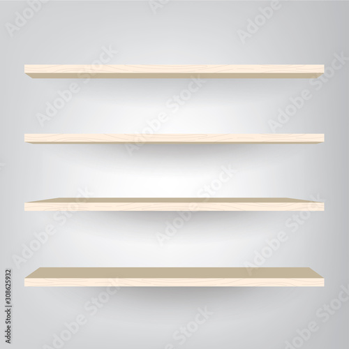Fototapeta Naklejka Na Ścianę i Meble -  Empty wood shelves on light gray background