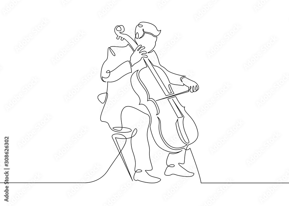 A continuous single drawn single line of a musician is played by a cellist man.