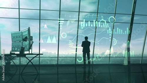 A trader in his office surrounded by a virtual data array.