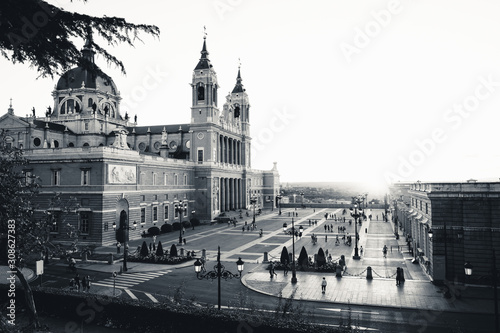 BW sunset of Madrid Spain landmark