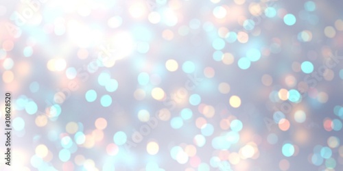 Bokeh blue and golden on silver empty background. Abstract texture brilliance. Blur illustration glitter. Defocus pattern winter holiday.