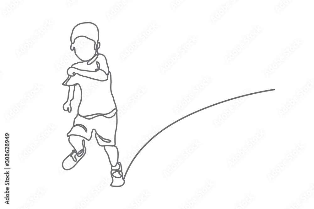Little boy running, line drawing, vector design Little boy running, line drawing, vector design