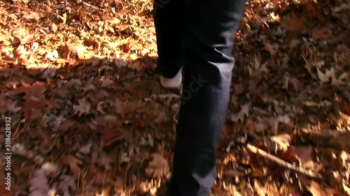 A view of walking and crunching fall leaves on a forest trail