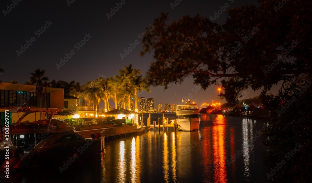 cityscape miami sea buildings sunset dusk populated lake