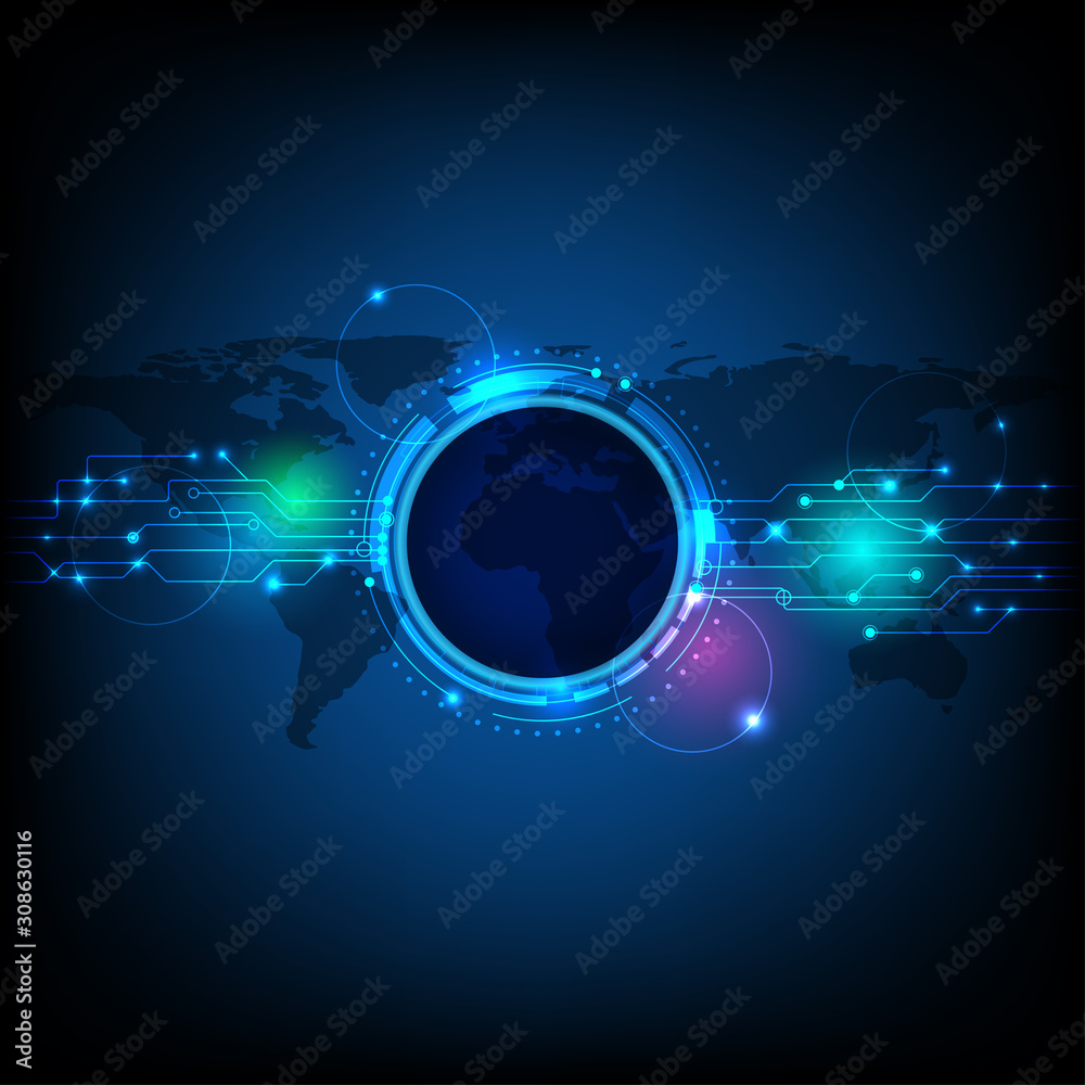 Abstract futuristic eyeball on circuit board, hi-tech computer technology with world map and blue color background, vector illustration.
