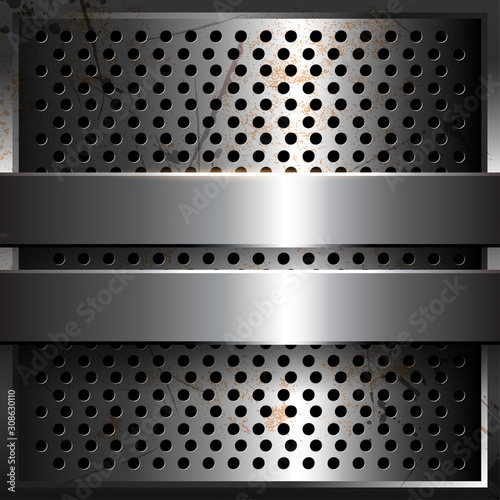 3D metallic grille silver metal rusty background, shiny chrome plate with holes Vector illustration