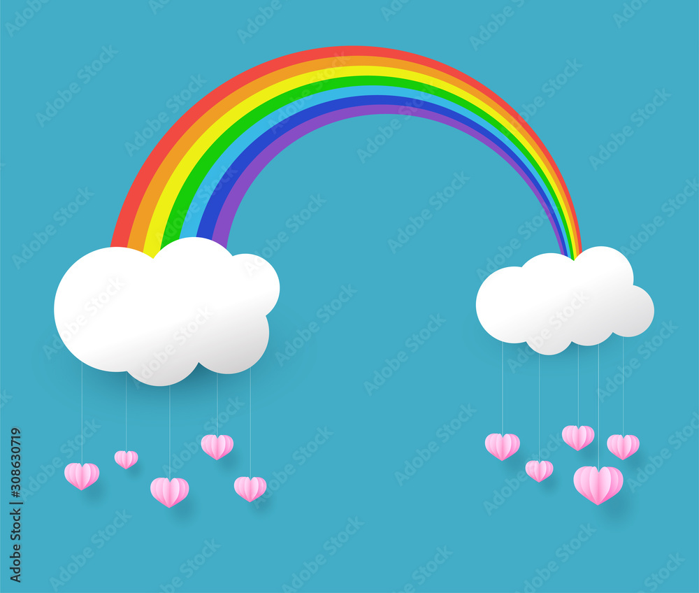 paper art style, rainbow and  pink heart in the sky,Vector illustration.