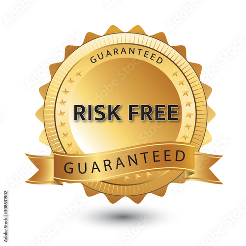 Powerful golden and black risk free guaranteed badge isolated on white background