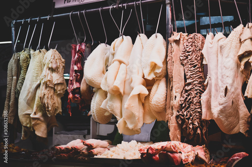 beef viscera on display in the Peruvian market. photo