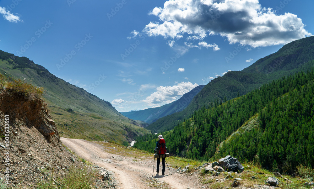 Tourist girl with backpack and trekking sticks goes on the road among the beautiful mountain scenery.