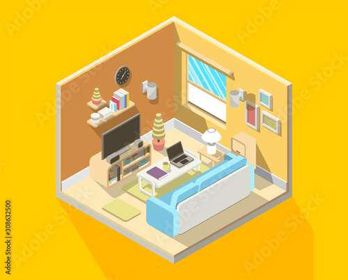 isometric 3D illustration of living room interior design with home appliance inside