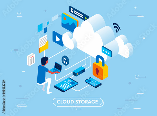 modern isometric design of cloud storage concept, with man working on laptop accessing cloud storage, landing page or infographic vector illustration