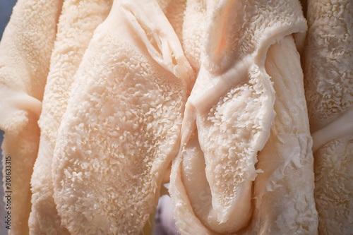 Photos beef viscera on display in the Peruvian market.