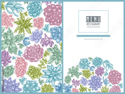 Menu cover floral design with pastel succulent echeveria, succulent echeveria, succulent