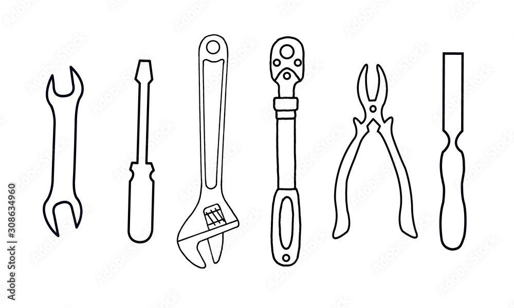 Vecteur Stock Set of 6 flat and simple icons of tools drawing with black  lines on white background. Vector wrench tools. Element for your design. |  Adobe Stock