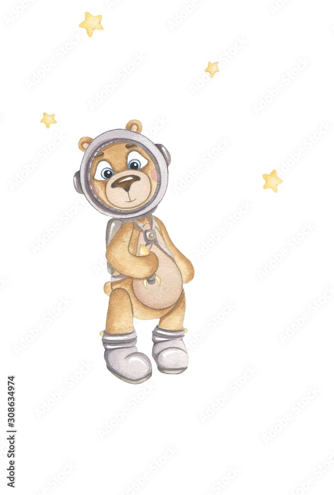 Fototapeta premium Hand drawn watercolor isolated illustration on the white flat background. Cosmos theme animals. A bear in the spacesuit holding a little rocket, yellow stars on the background.