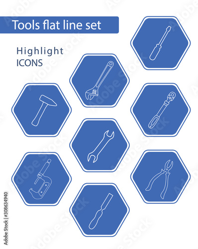 Set of 8 vector icons in blue hexagon for web stores, scrapbooking, bullet journals, blogging, etc. Highlights Stories Icons. Simple tools related vector icons.