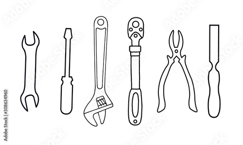 Set of 6 flat and simple icons of tools drawing with black lines on white background. Vector wrench tools. Element for your design.