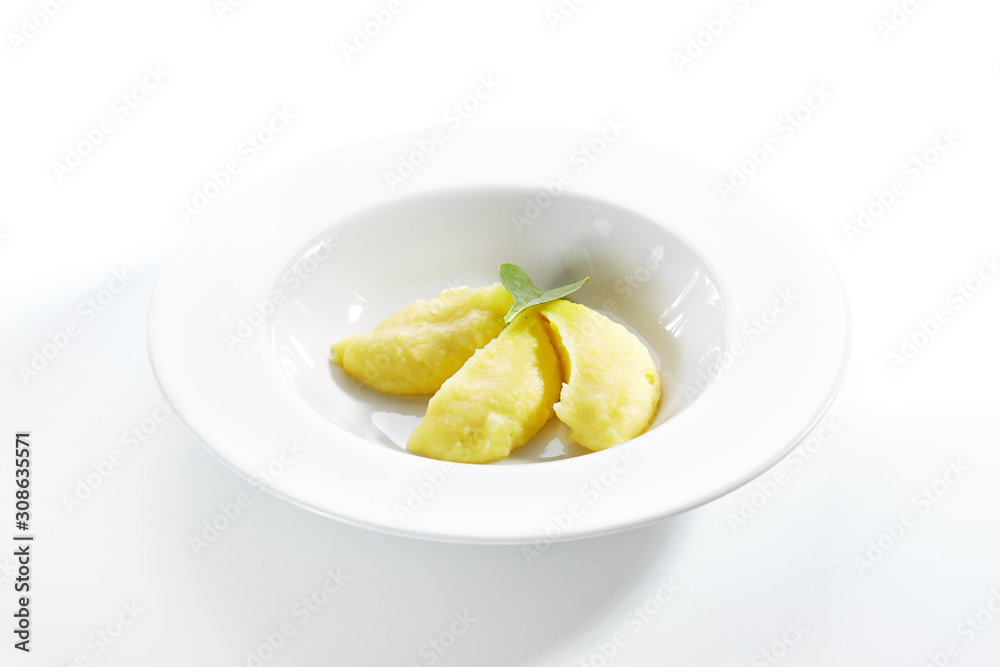 Exquisite Serving Mashed Potato or Mash on White Plate Isolated Exquisite Serving Mashed Potato or Mash on White Plate Isolated