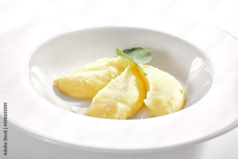 Exquisite Serving Mashed Potato or Mash on White Plate Isolated Exquisite Serving Mashed Potato or Mash on White Plate Isolated
