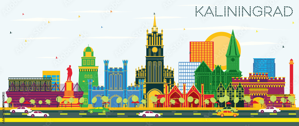 Kaliningrad Russia City Skyline with Color Buildings and Blue Sky.