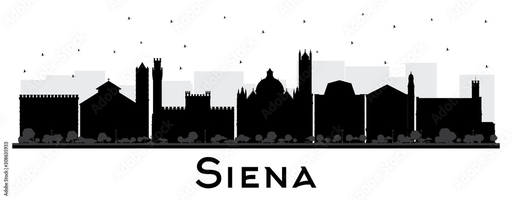 Siena Tuscany Italy City Skyline Silhouette with Black Buildings Isolated on White.