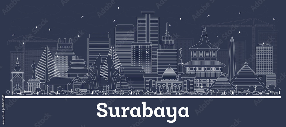 Outline Surabaya Indonesia City Skyline with White Buildings.