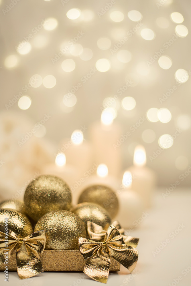 Box with golden christmas ball on golden star bokeh background Stock ...