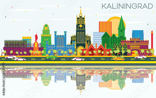 Kaliningrad Russia City Skyline with Color Buildings, Blue Sky and Reflections. photo