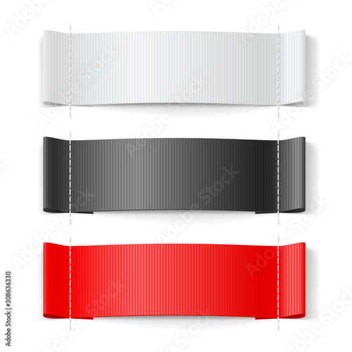 White, Black and Red Clothing Label on White Background. Clothing Fabric Tag Stitch, Realistic Bright Blank Badges with Copy Space for Text.