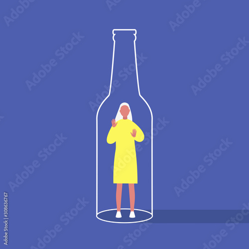 Alcohol and addiction, Young female character trapped inside a bottle, health problems