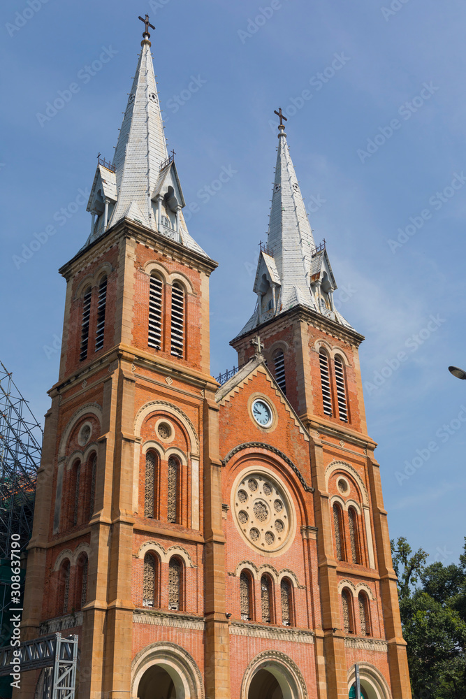 Notre Dame Cathedral with blue sky in Ho Chi Minh City, Vietnam