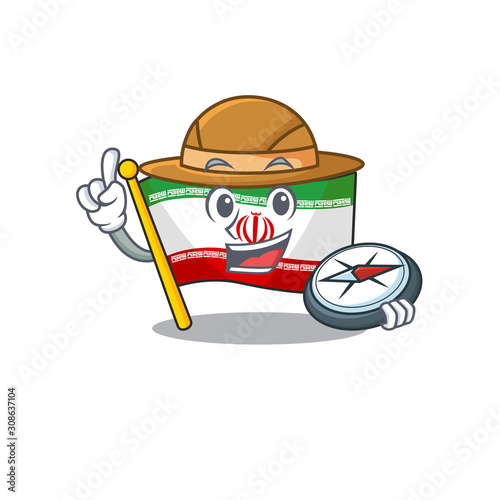 Explorer flag iran cartoon character holding a compass