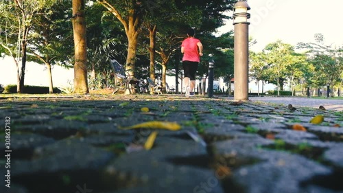 Back view. Asian woman runner in sportswear jogging in the park.  Healthy Lifestyle.