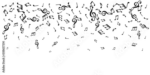 Music notes confetti top border. Vector decoration from falling elements.