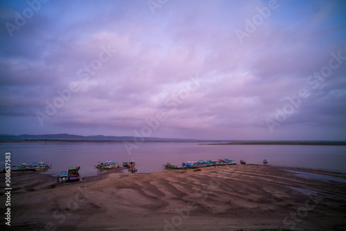 boats mored on the Ayeyarwady River, Bagan