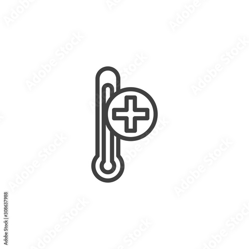 Plus temperature control line icon. linear style sign for mobile concept and web design. Heating temperature thermometer outline vector icon. Symbol, logo illustration. Vector graphics