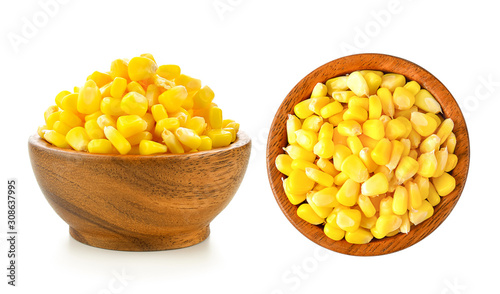 sweet corn seeds in wood bowl on white background