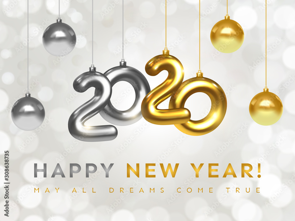 Happy New 2020 Year. Holiday banner of silver and golden metallic numbers 2020 and sparkling shiny Christmas balls. Realistic 3d vector. Festive christmas poster, greeting cards, headers, website