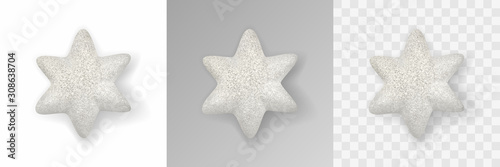 Christmas decoration. White glitter star with realistic shadow. Presentation on various backgrounds. Holiday christmas design element for poster  greeting cards  headers  website. Realistic 3d vector