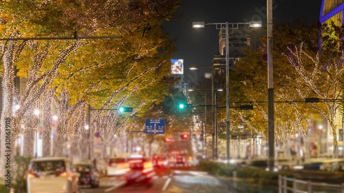 金色に輝くクリスマスイルミネーションのタイムラプス / A time-lapse of golden Christmas illuminations. Omotesando, Tokyo, Japan. photo