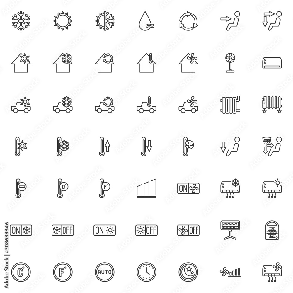 Heating And Cooling System line icons set. Air conditioning function linear style symbols collection, outline signs pack. vector graphics. Set includes icons as temperature heater, car climate control Heating And Cooling System line icons set. Air conditioning function linear style symbols collection, outline signs pack. vector graphics. Set includes icons as temperature heater, car climate control